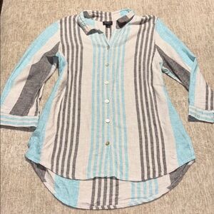 XL 100% Linen Tunic button up striped LONG shell buttons long sleeve Beachy